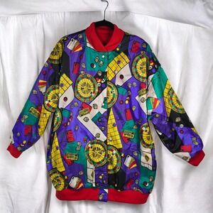 Y2K Current Seen Reversible Bomber Jacket Casino Novelty Print Red One Size VTG